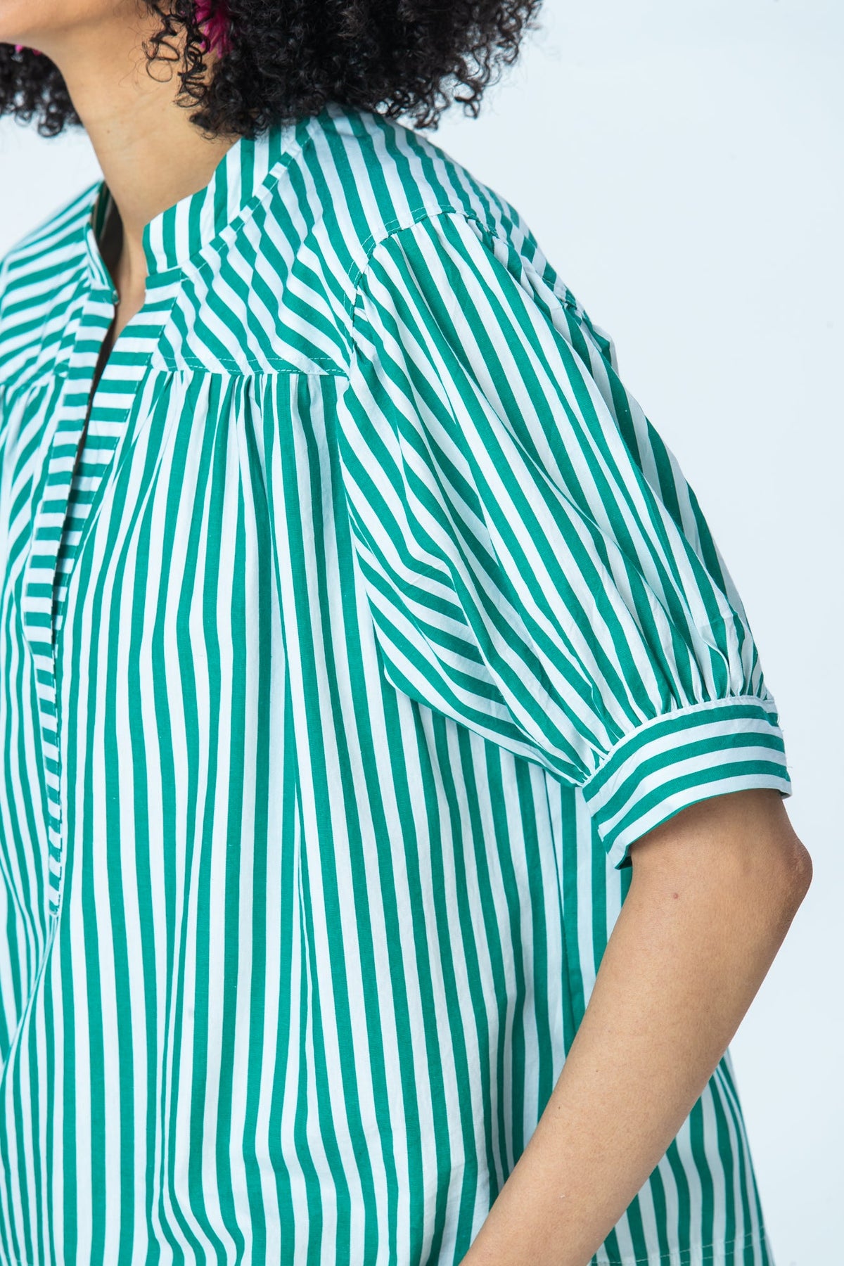 Tatum emerald stripe shirt, close up of gathered shoulder, sleeve and cuff