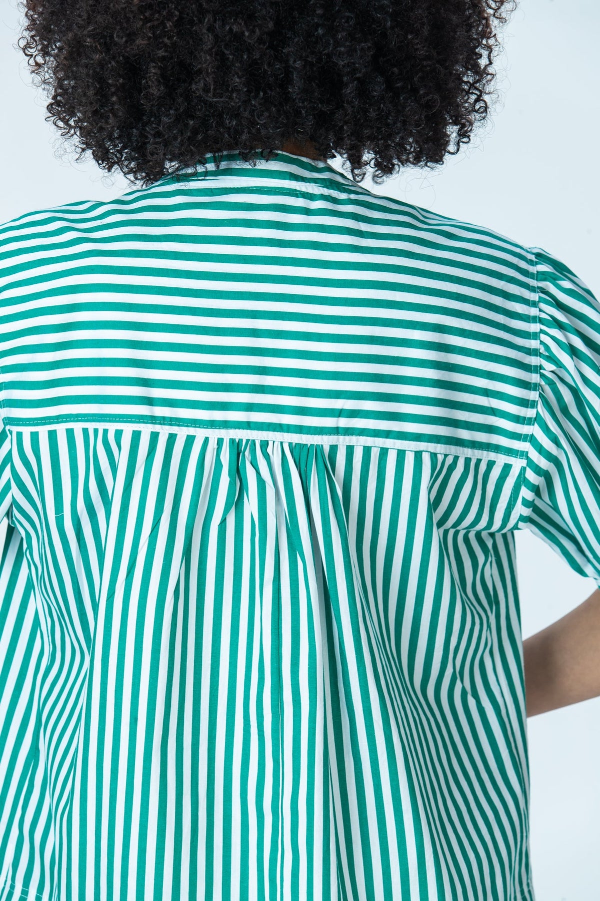 Tatum emerald stripe shirt, close up of horizontal stripe back yoke and gathering