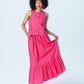 Riley red and pink check skirt, front view full length holding out the skirt
