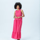 Riley red and pink check skirt, front view full length, smiling