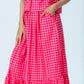 Riley red and pink check skirt, close up of pocket and gathered skirt