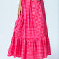 Riley red and pink check skirt, close up of tiered hem