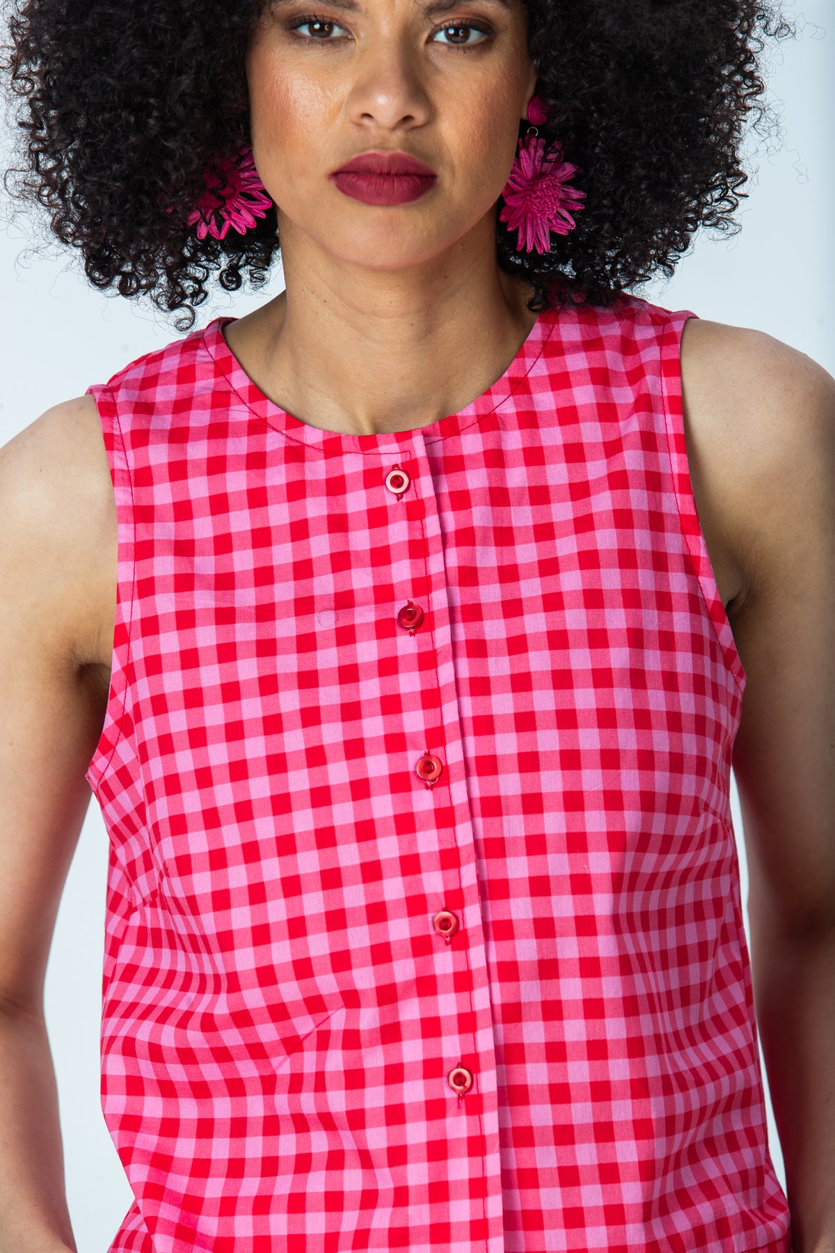 Brooke pink gingham top, close up of button-through front