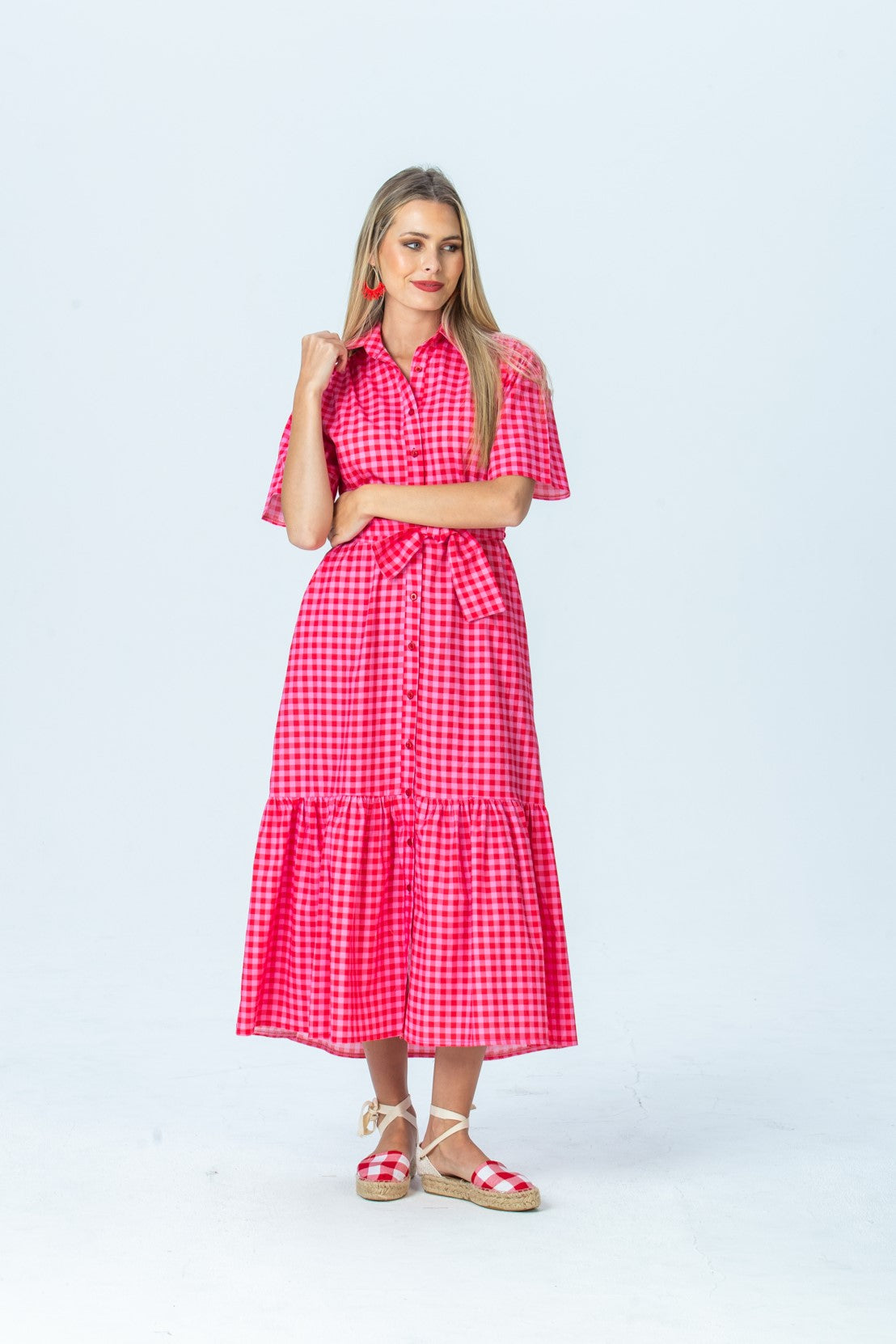 Frankie red and pink check shirt dress, front view full length with hand at collar