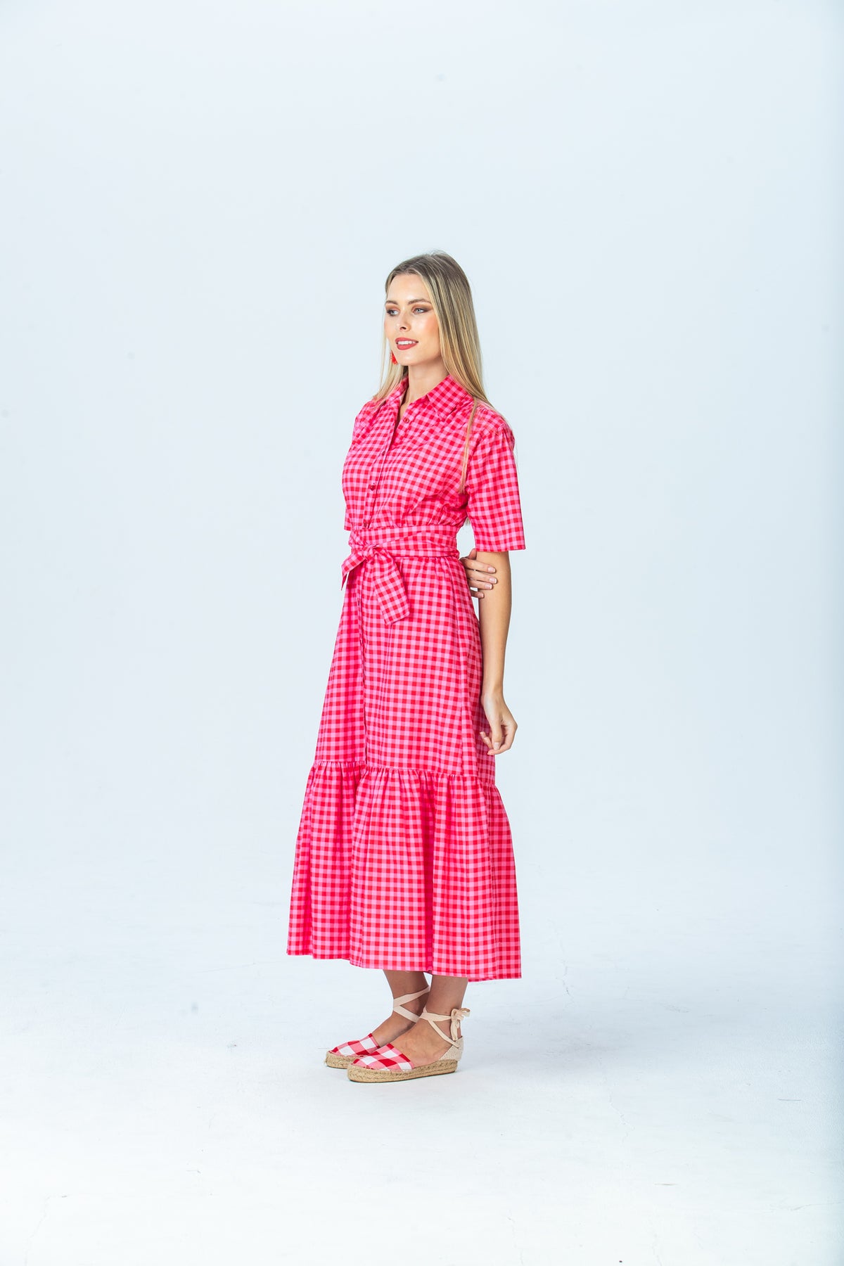 Frankie red and pink check shirt dress, side view full length