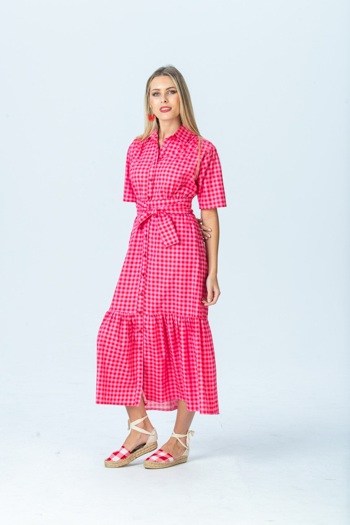 Frankie red and pink check shirt dress, three-quarter view full length