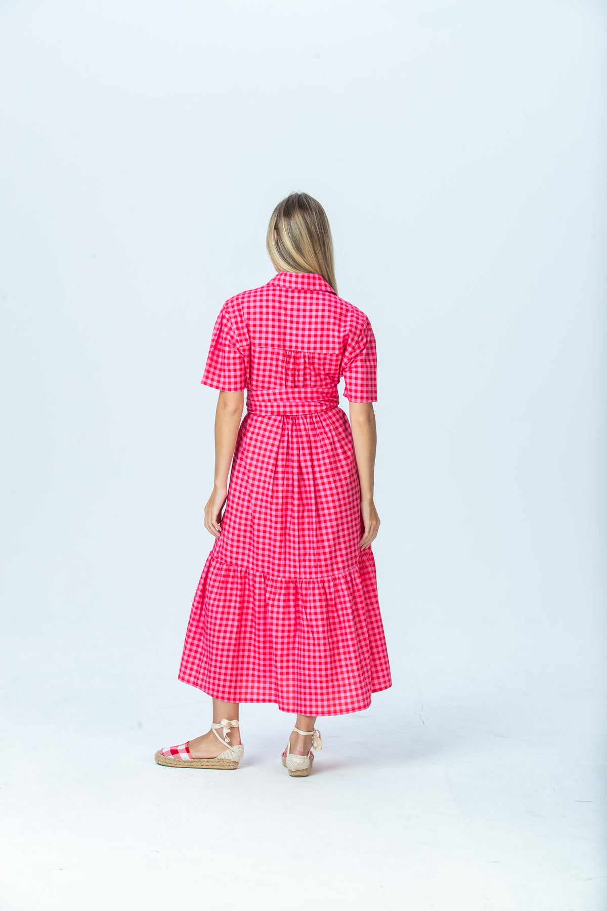 Frankie red and pink check shirt dress, back view full length showing gathered yoke