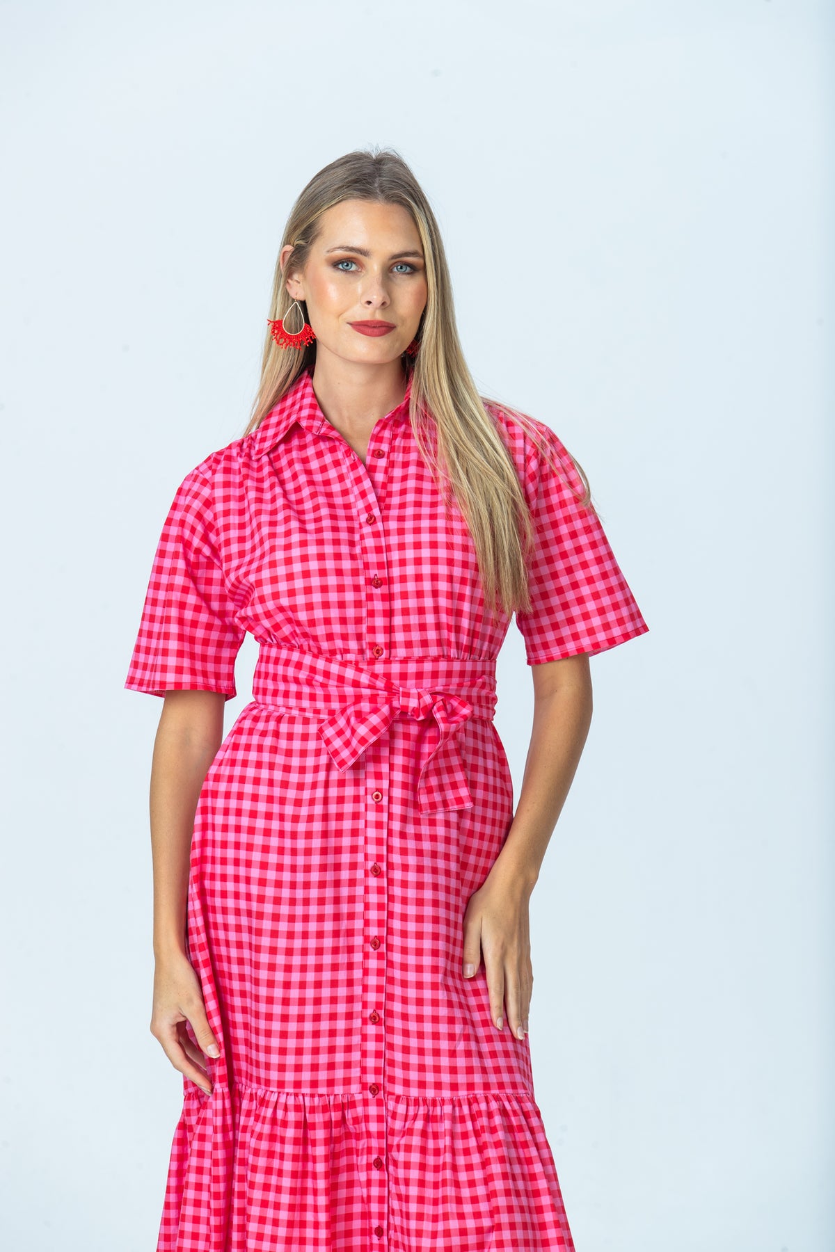 Frankie red and pink check shirt dress, front view of collar, self-tie belt and buttons