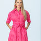 Frankie pink gingham shirt dress, front view with hands in pockets
