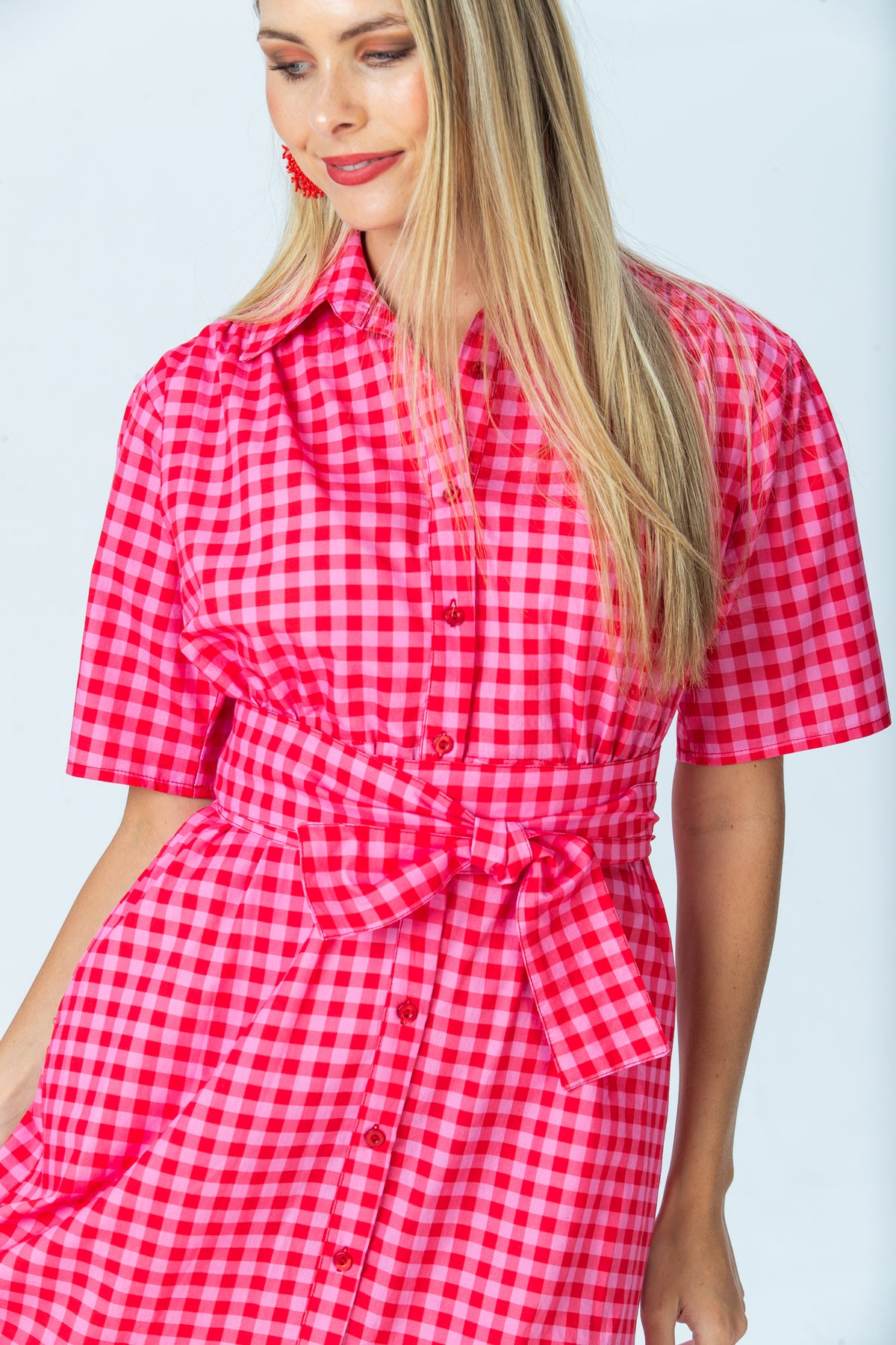Frankie red and pink check shirt dress, close up of shoulder, sleeve and tied belt