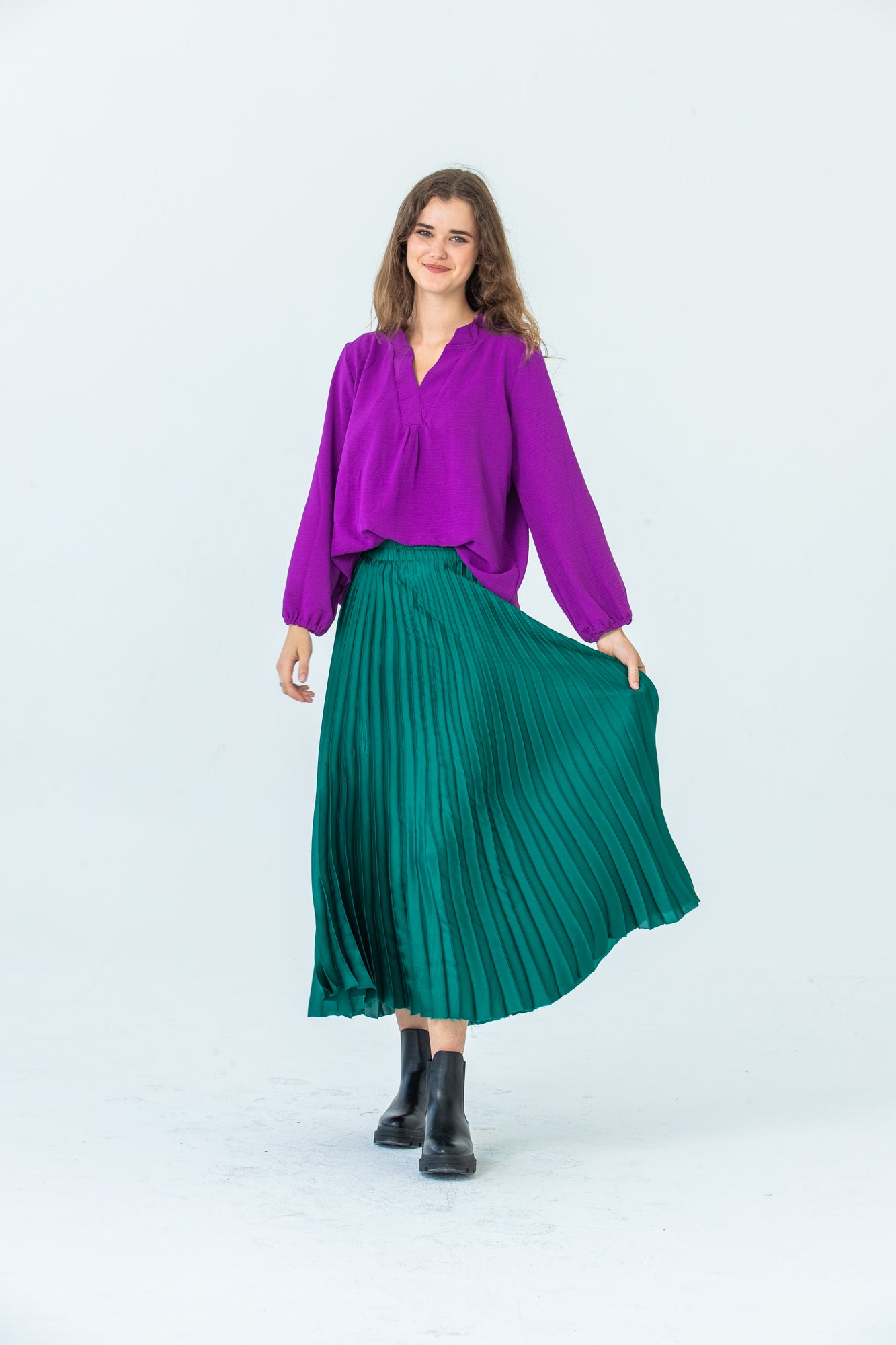 Emerald Green Pleated Midi Skirt High Waisted Winter Pleated