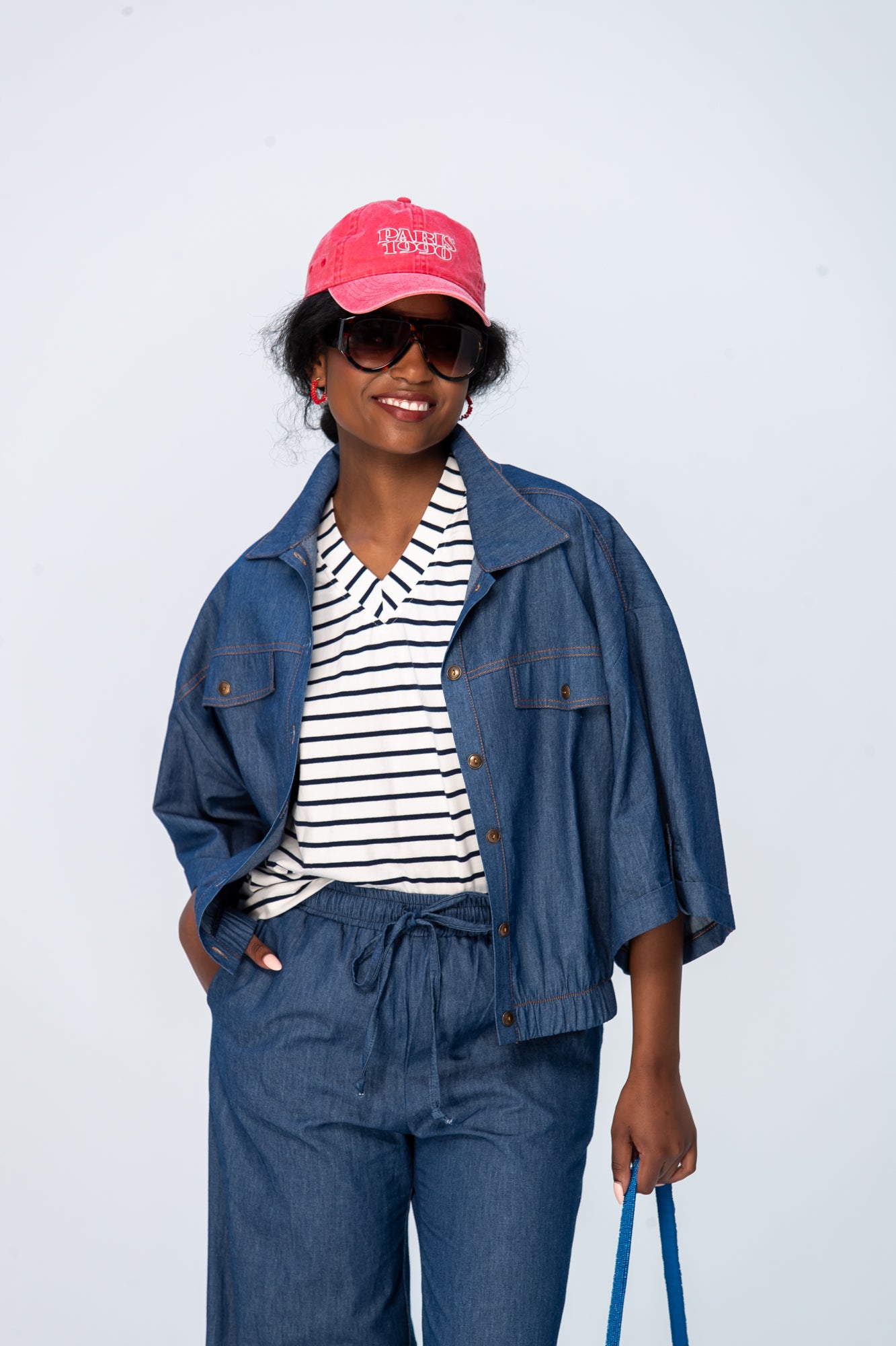 Corfu Summer V-Neck Tee - Navy & White Stripe