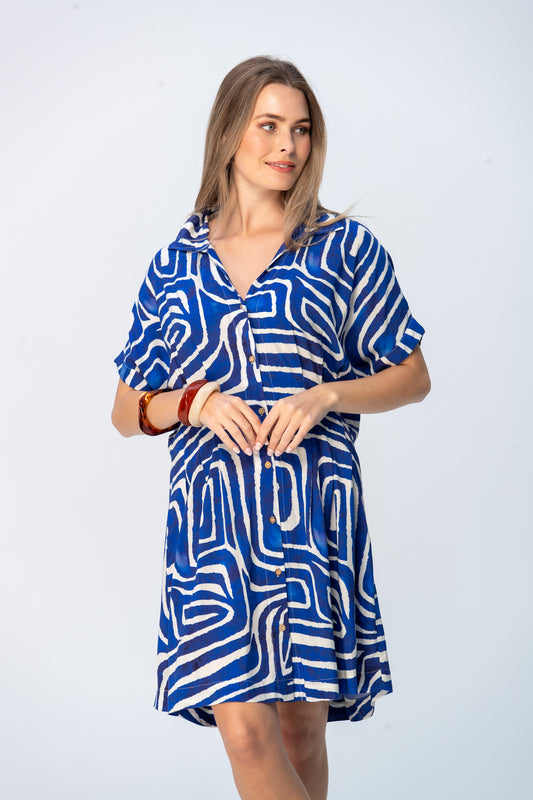Celia Shirt Dress - Blue Geometric
