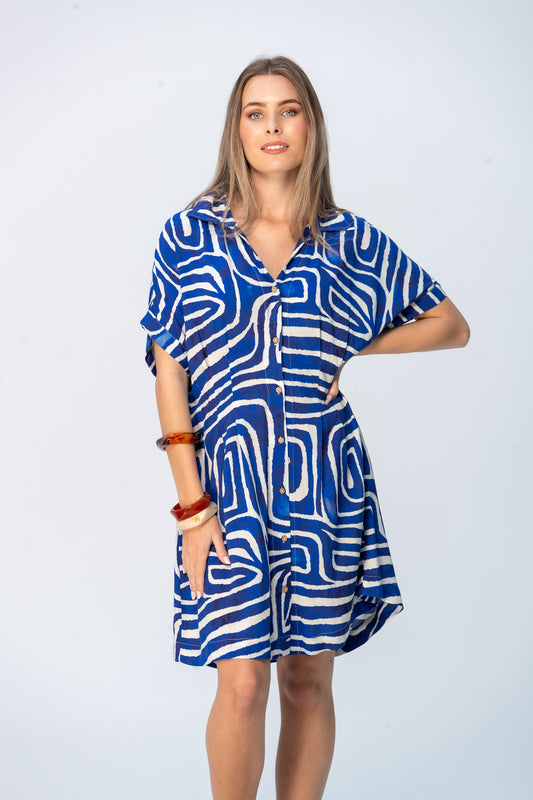 Celia Shirt Dress - Blue Geometric