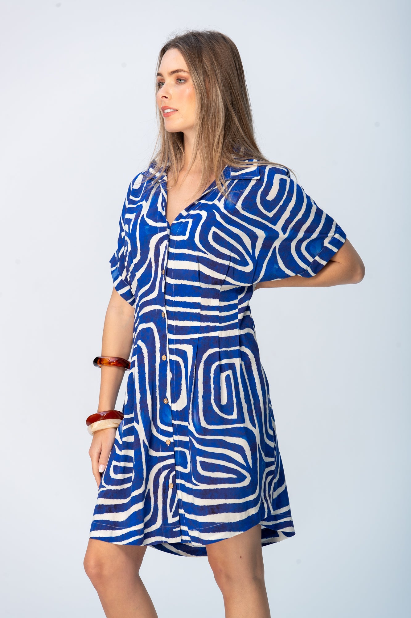 Celia Shirt Dress - Blue Geometric