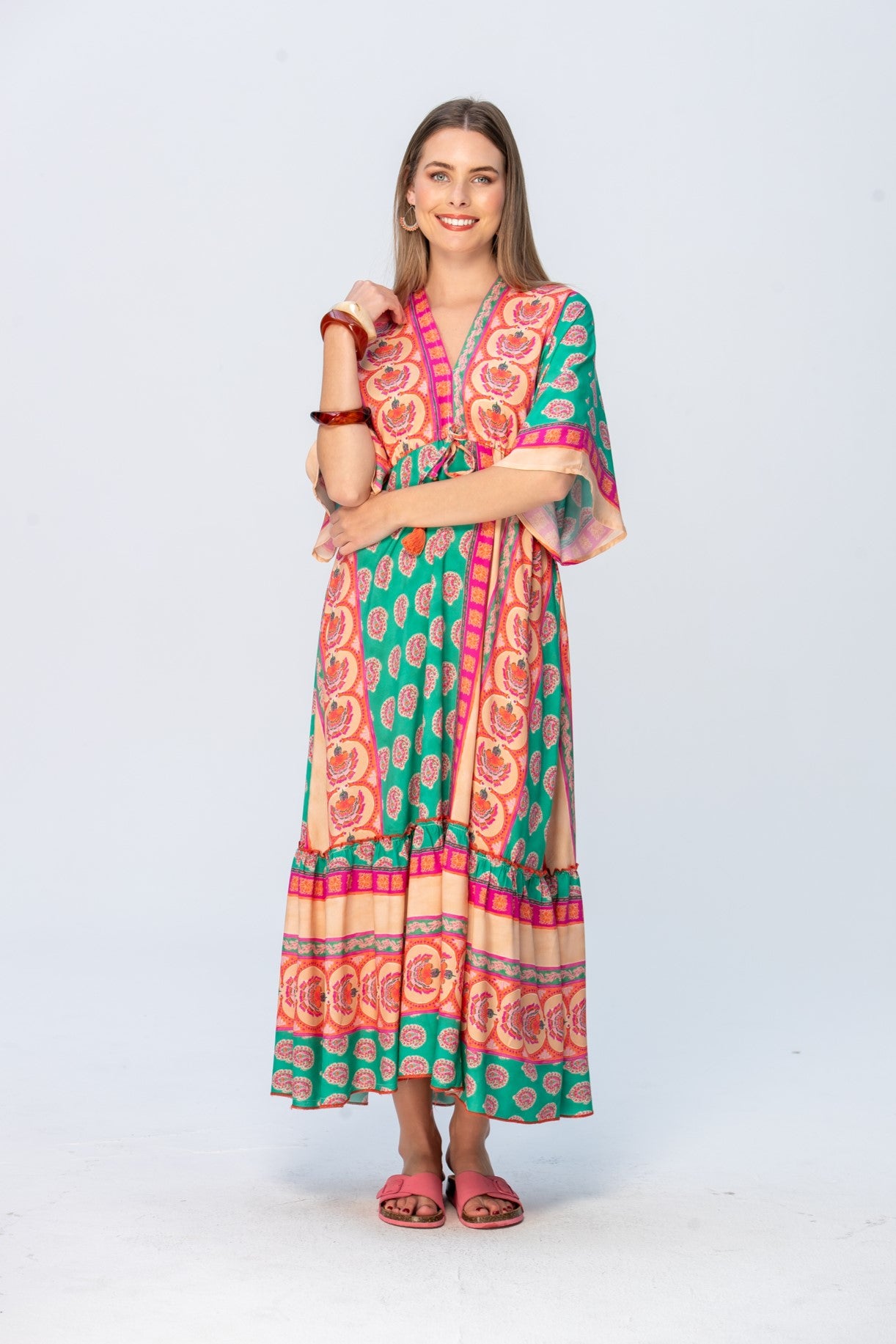 Georgia Kaftan Maxi Dress - Coral & Green