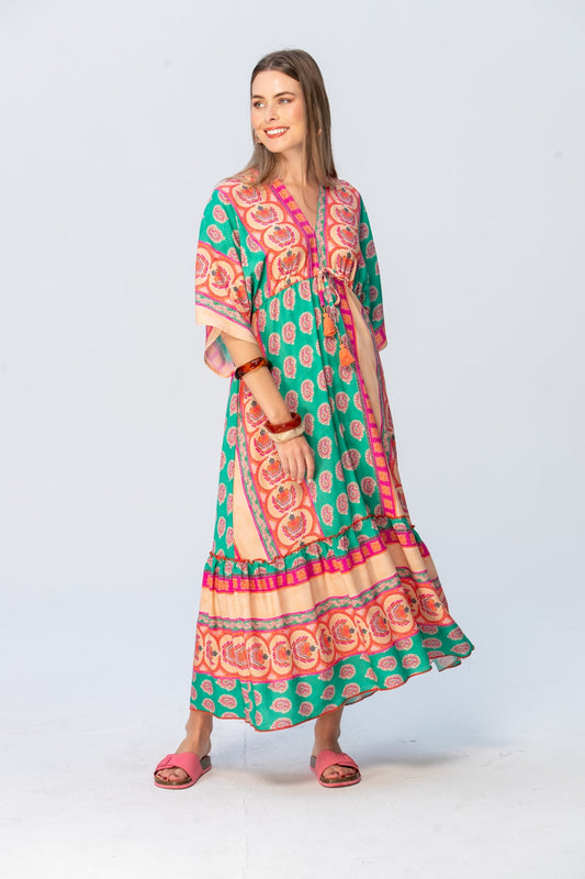 Georgia Kaftan Maxi Dress - Coral & Green