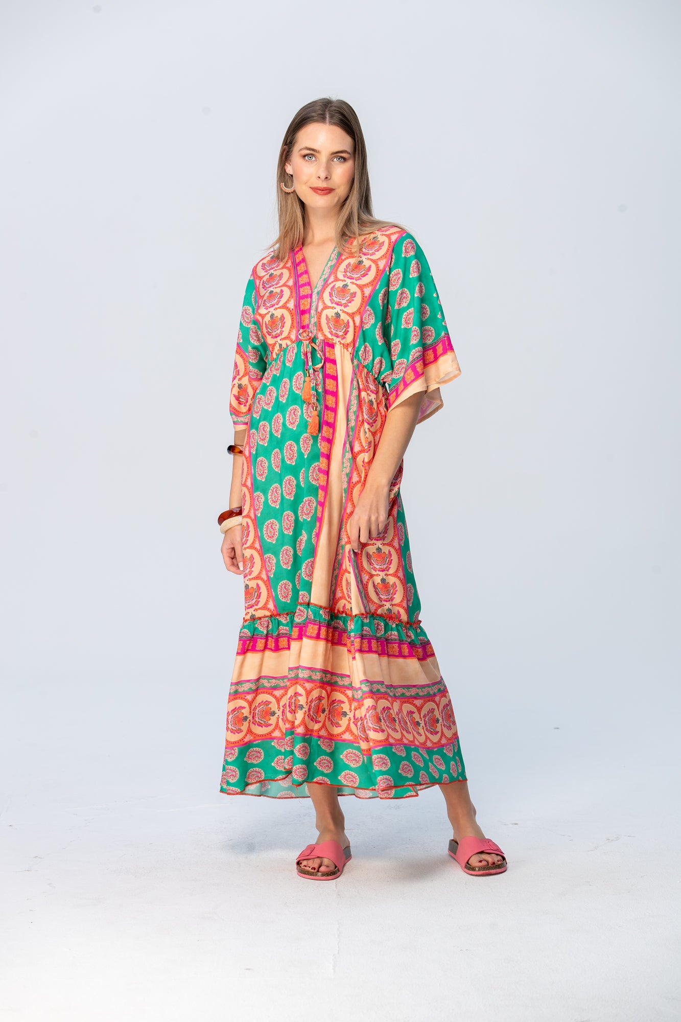 Georgia Kaftan Maxi Dress - Coral & Green