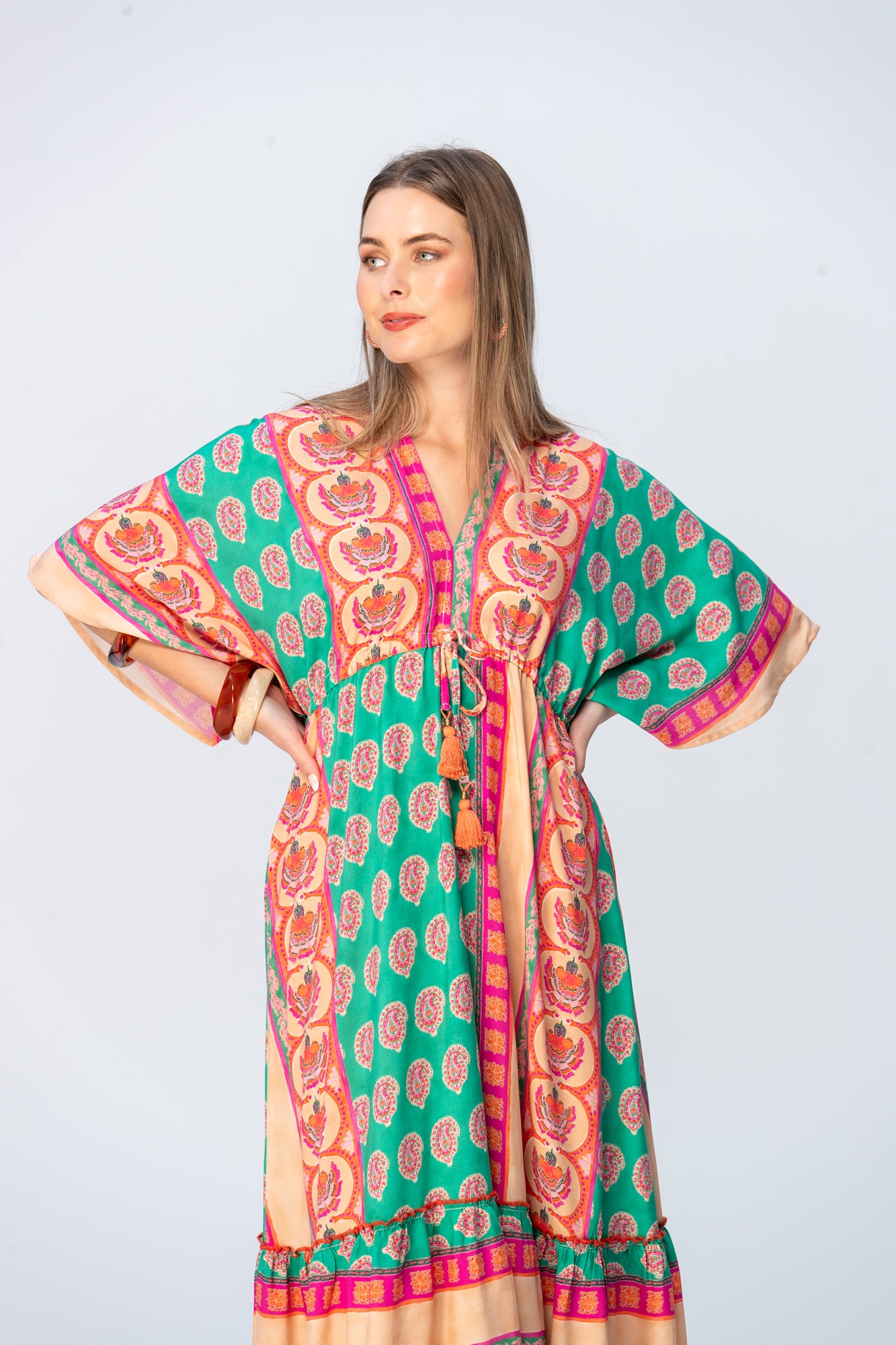 Georgia Kaftan Maxi Dress - Coral & Green