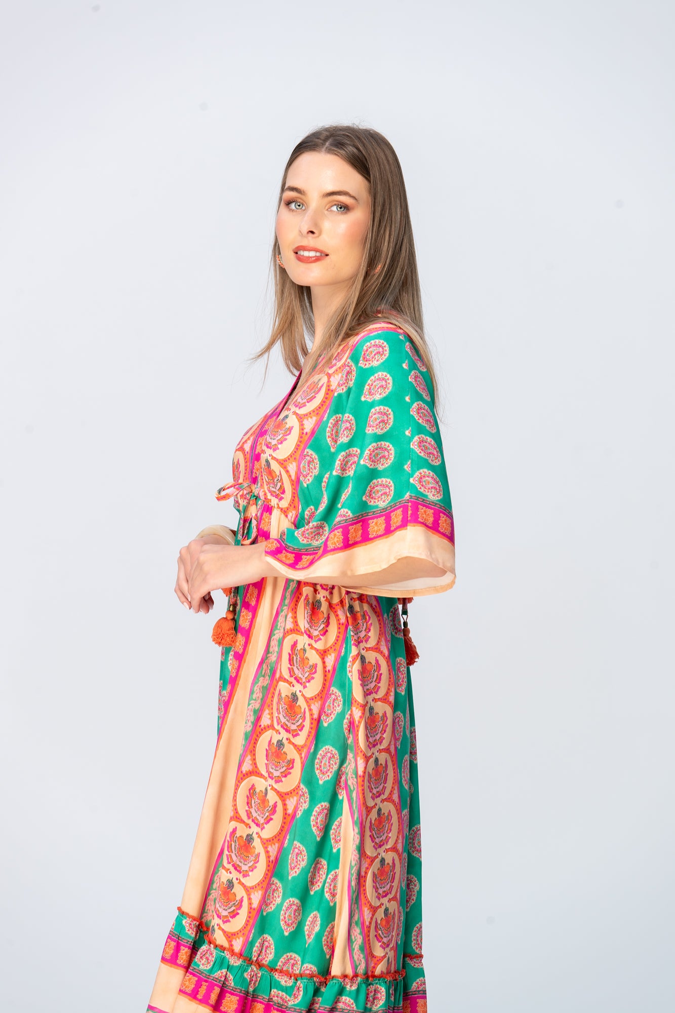 Georgia Kaftan Maxi Dress - Coral & Green