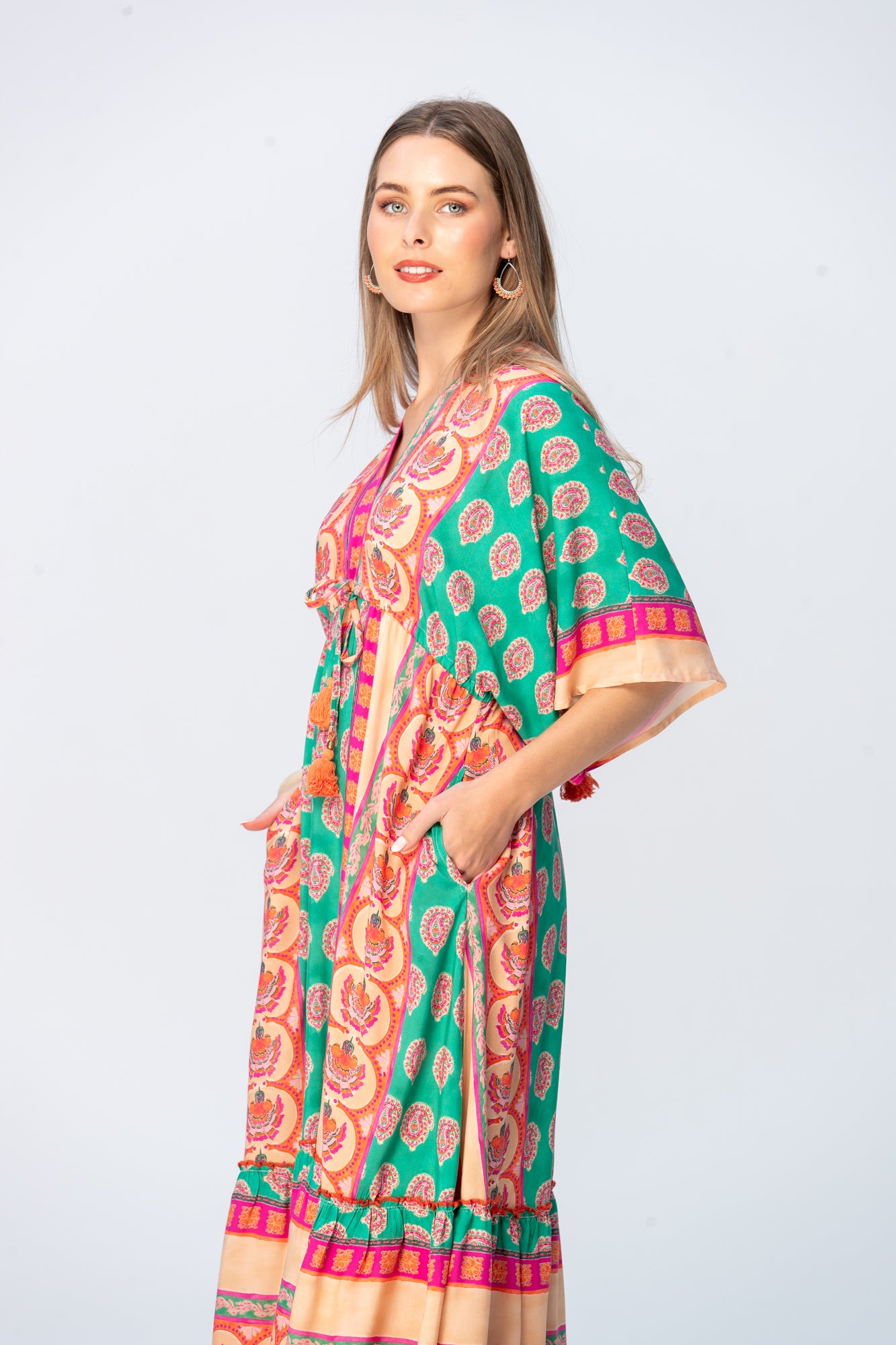 Georgia Kaftan Maxi Dress - Coral & Green