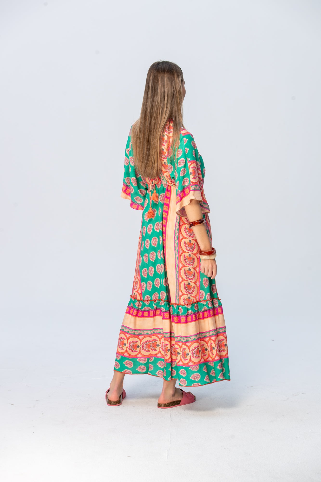 Georgia Kaftan Maxi Dress - Coral & Green