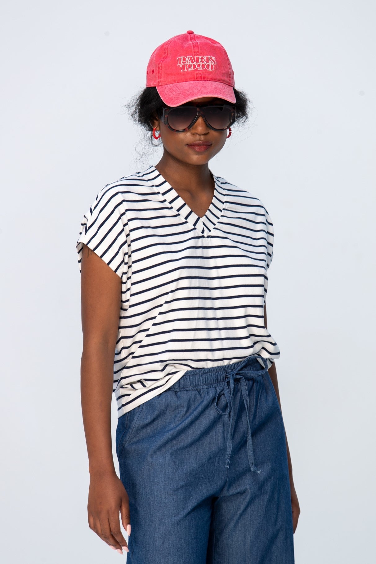 Corfu Summer V-Neck Tee - Navy & White Stripe