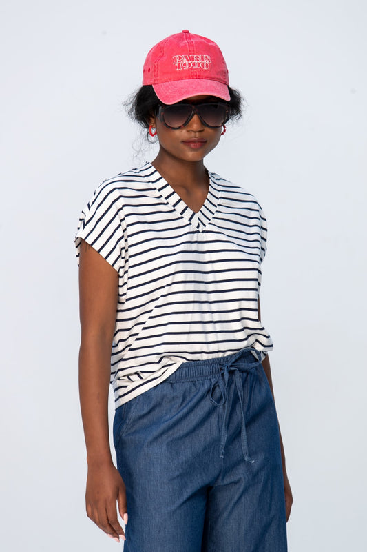 Corfu Summer V-Neck Tee - Navy & White Stripe