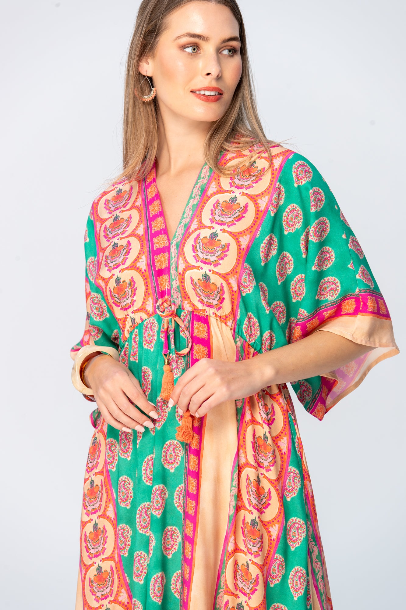 Georgia Kaftan Maxi Dress - Coral & Green