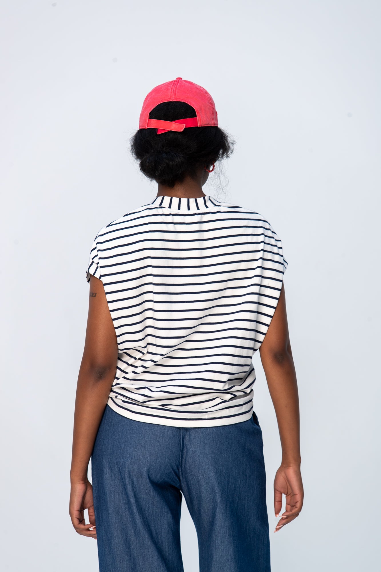 Corfu Summer V-Neck Tee - Navy & White Stripe
