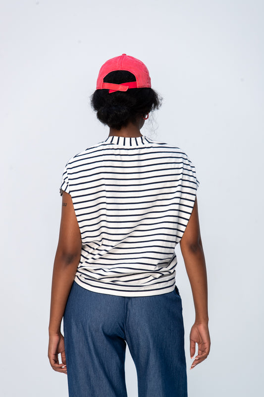 Corfu Summer V-Neck Tee - Navy & White Stripe
