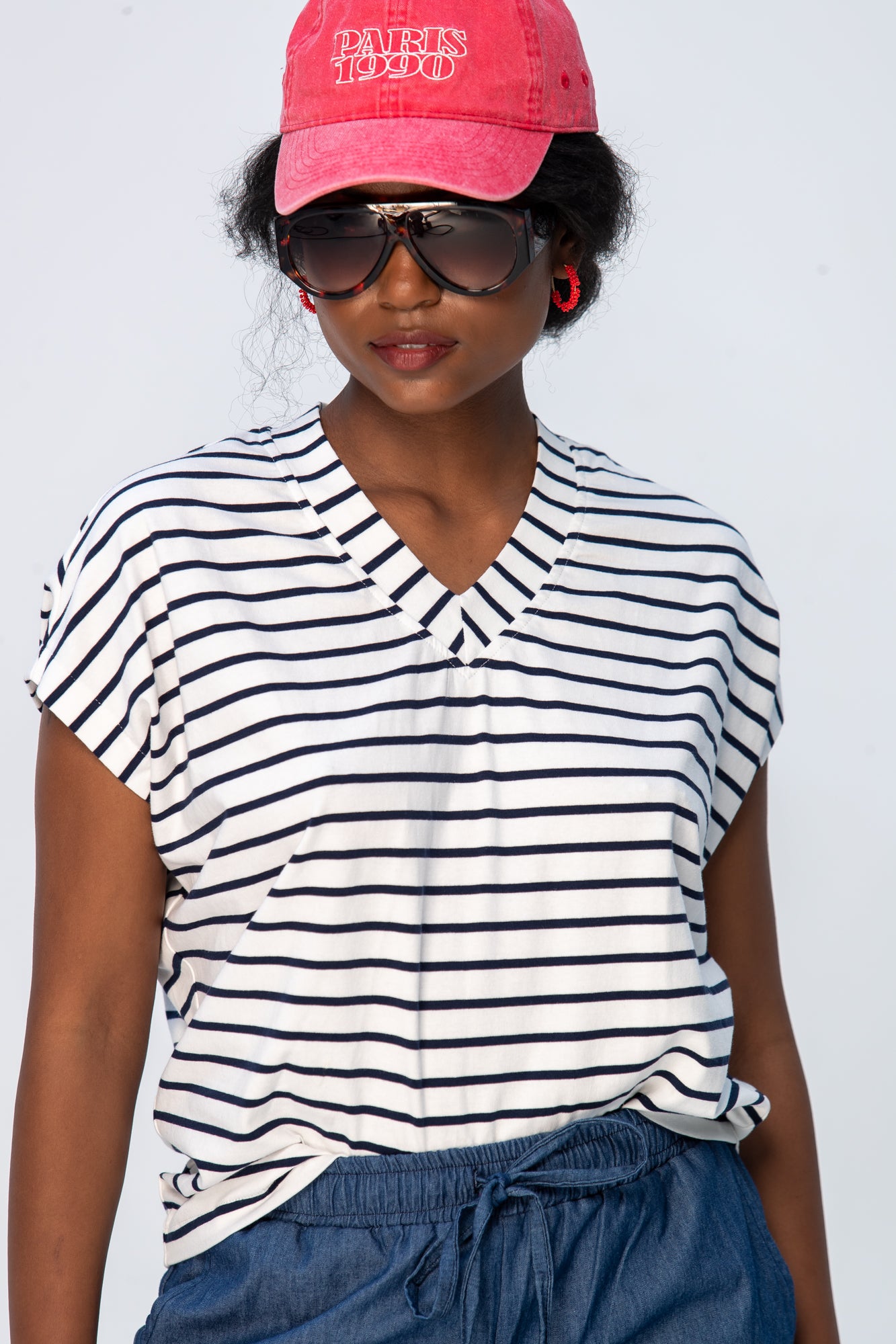 Corfu Summer V-Neck Tee - Navy & White Stripe