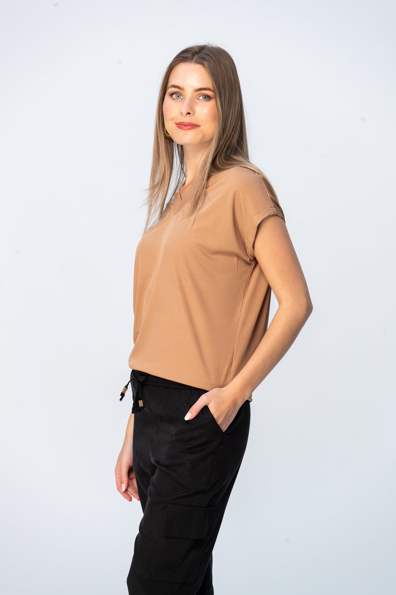 Corfu Summer V-Neck Tee - Camel