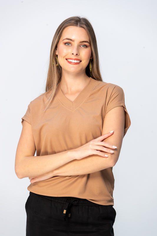Corfu Summer V-Neck Tee - Camel