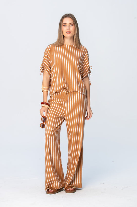 Sydney Wide Leg Pants - Camel and White Stripe