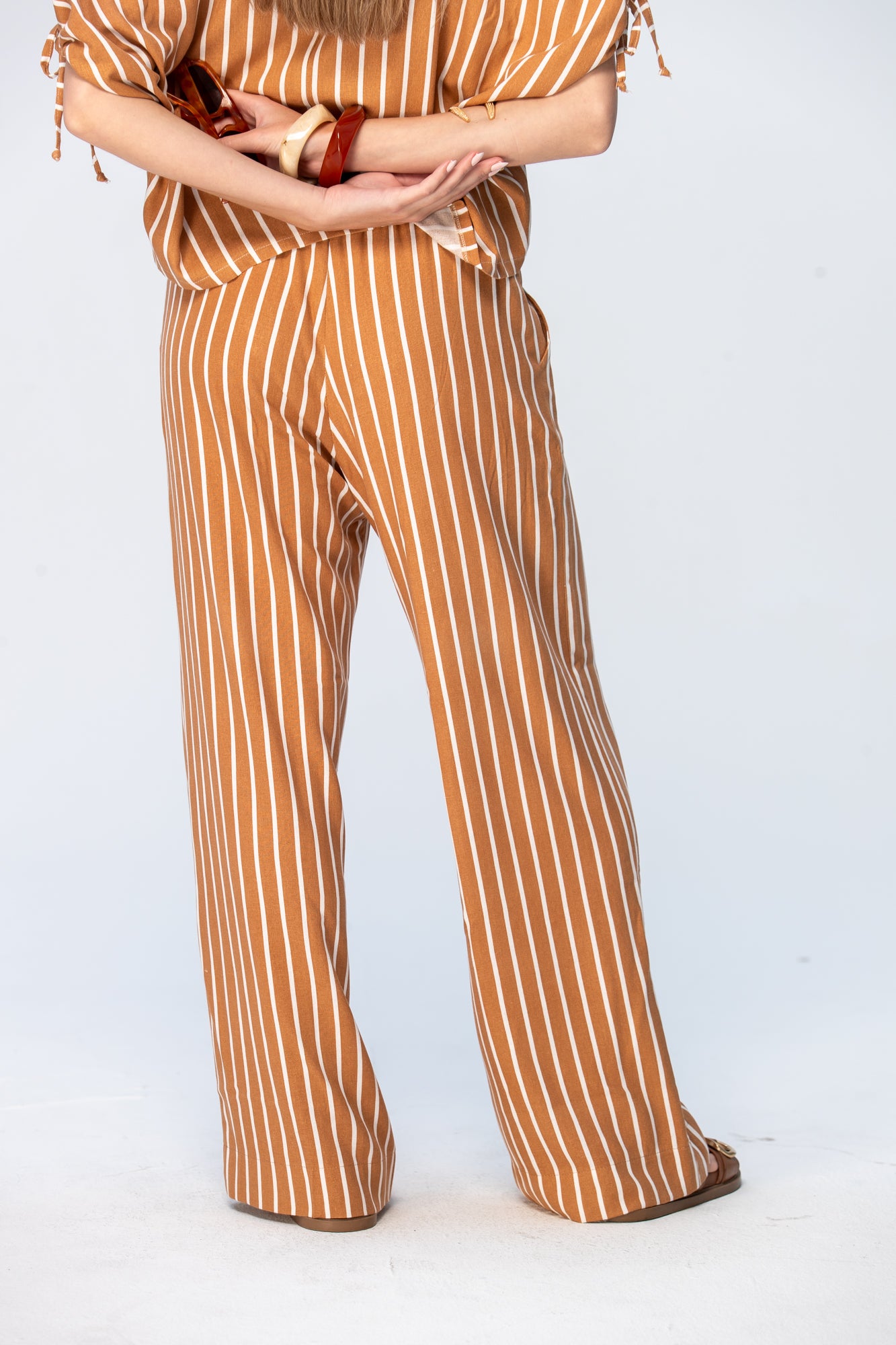 Sydney Wide Leg Pants - Camel and White Stripe