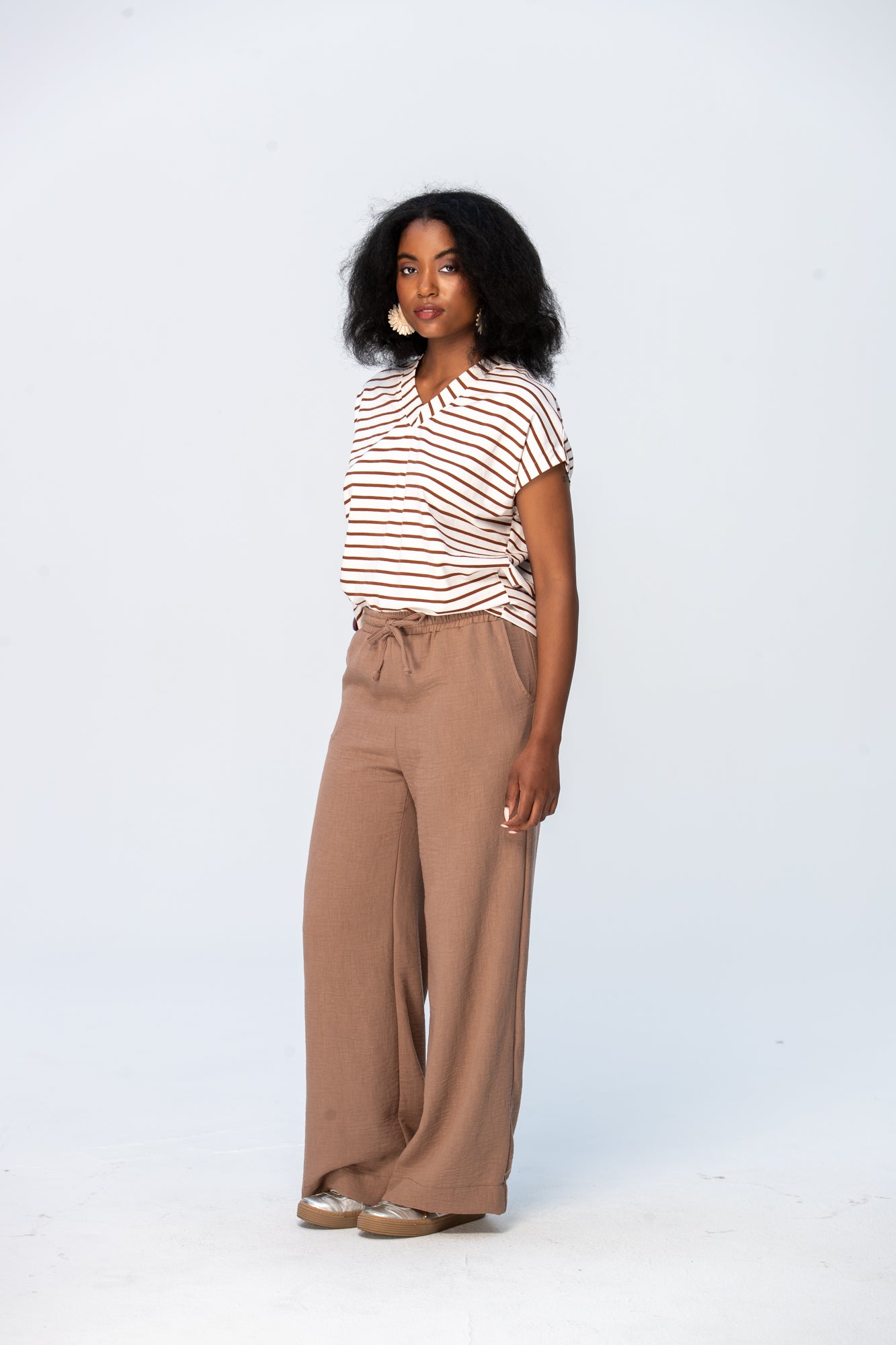 Corfu Summer V-Neck Tee - Chocolate & White Stripe