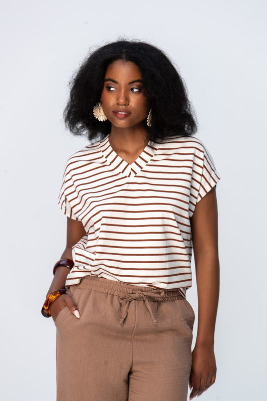 Corfu Summer V-Neck Tee - Chocolate & White Stripe