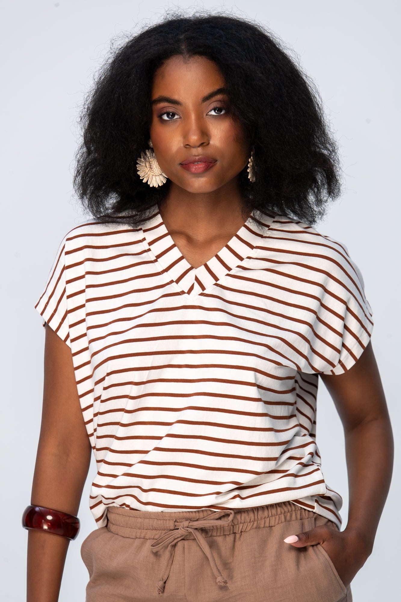 Corfu Summer V-Neck Tee - Chocolate & White Stripe
