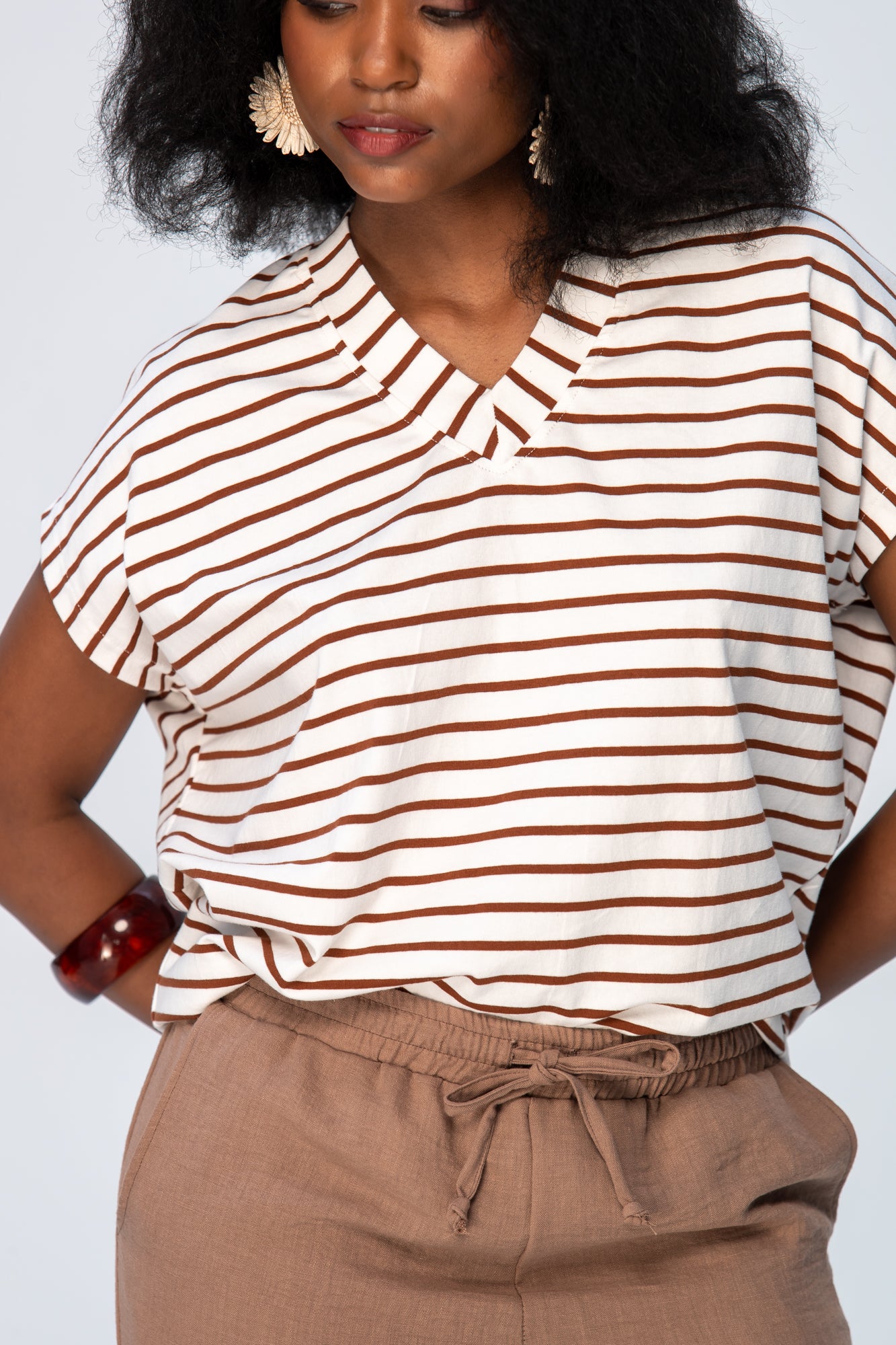 Corfu Summer V-Neck Tee - Chocolate & White Stripe