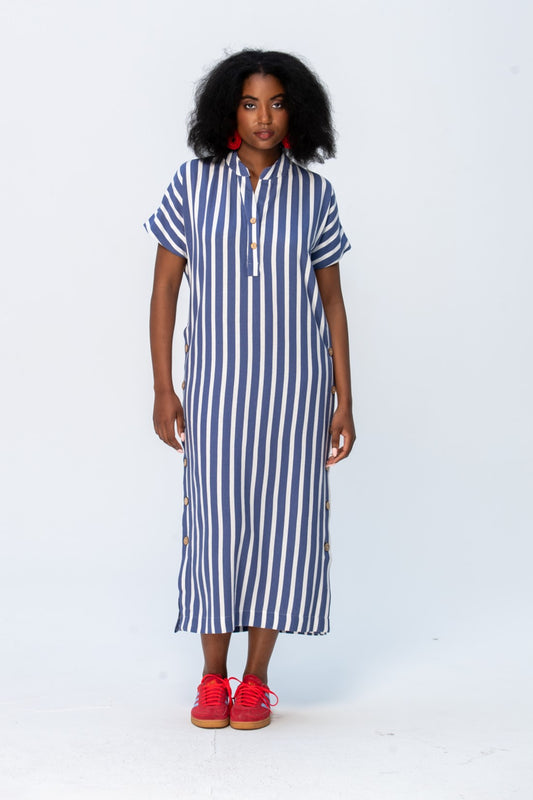 Iris Button Kaftan - Blue and White Stripe