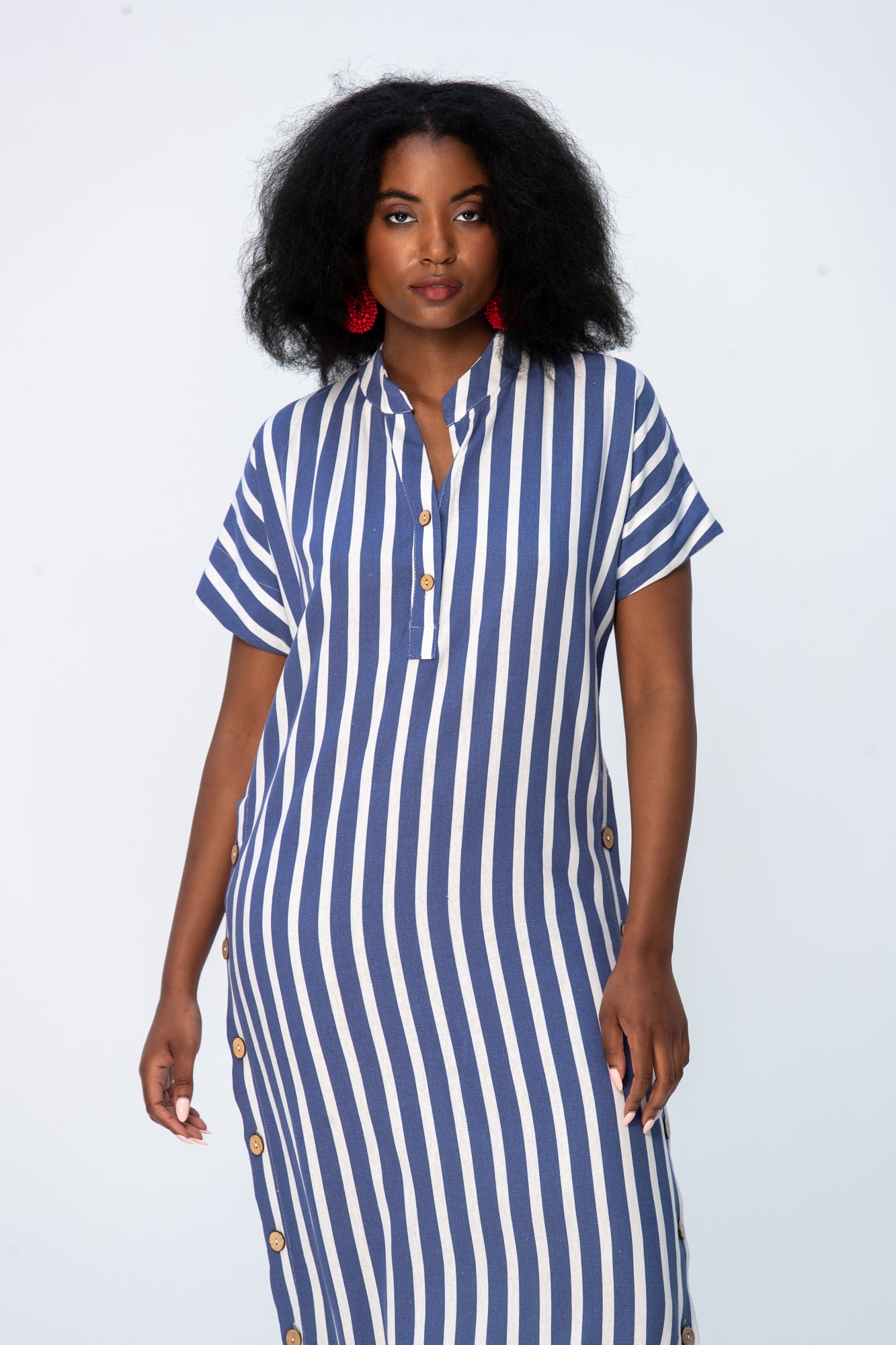 Iris Button Kaftan - Blue and White Stripe
