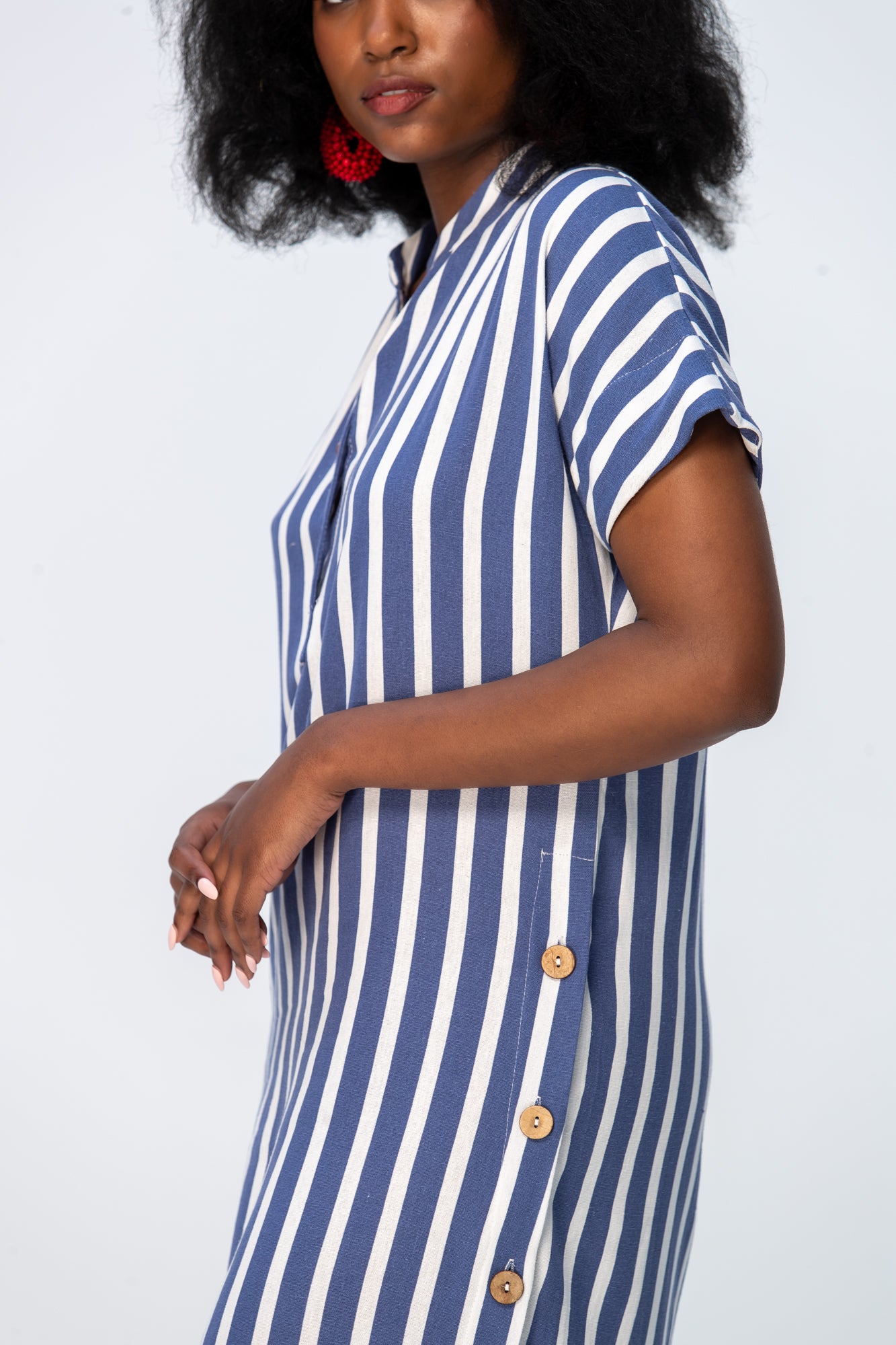Iris Button Kaftan - Blue and White Stripe