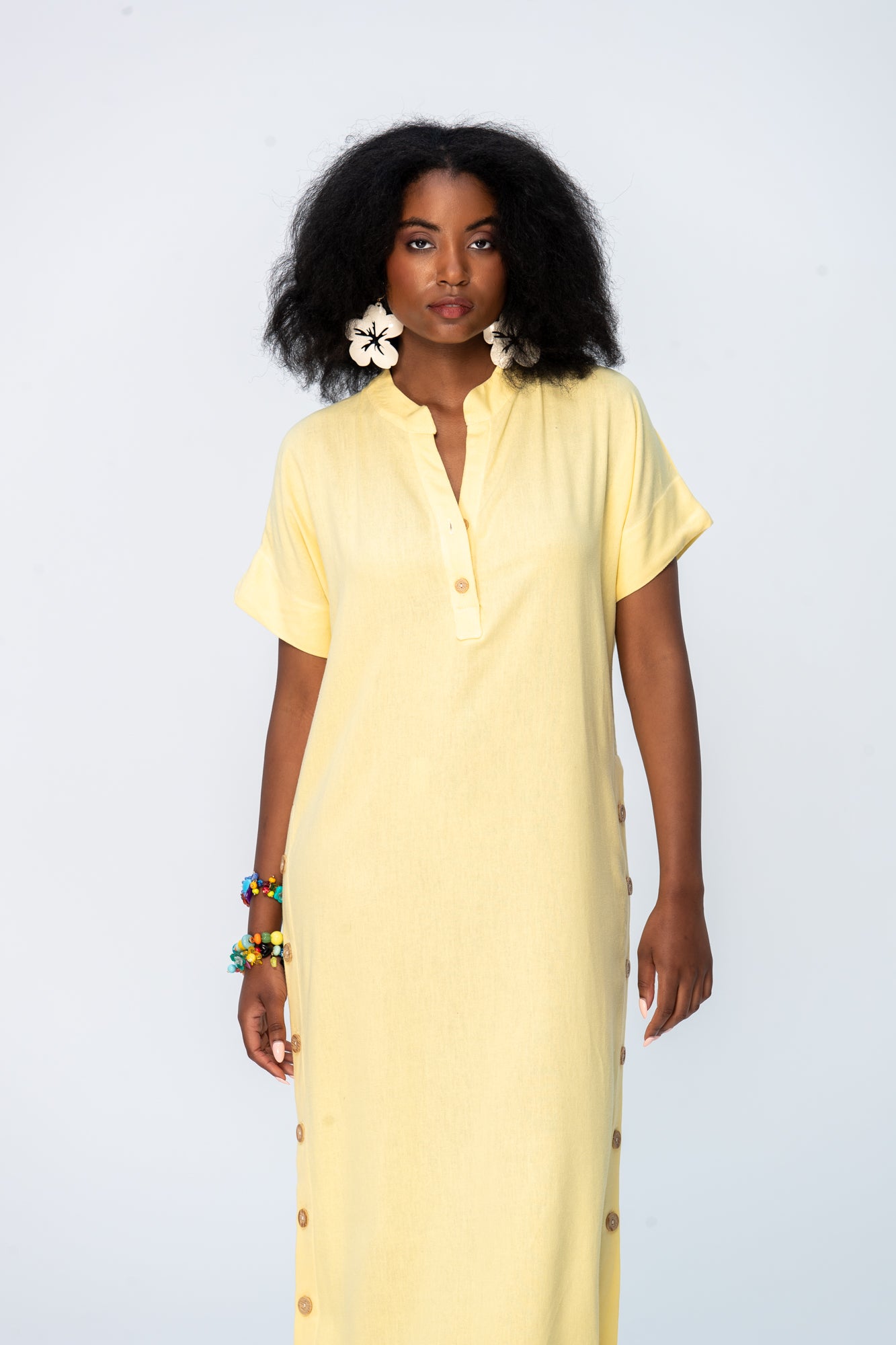 Iris Button Kaftan - Butter Yellow