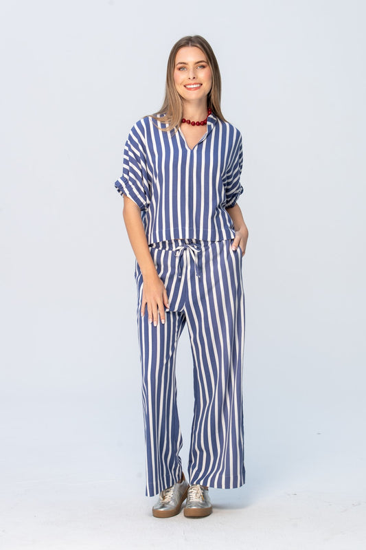Sydney Wide Leg Pants - Blue and White Stripe