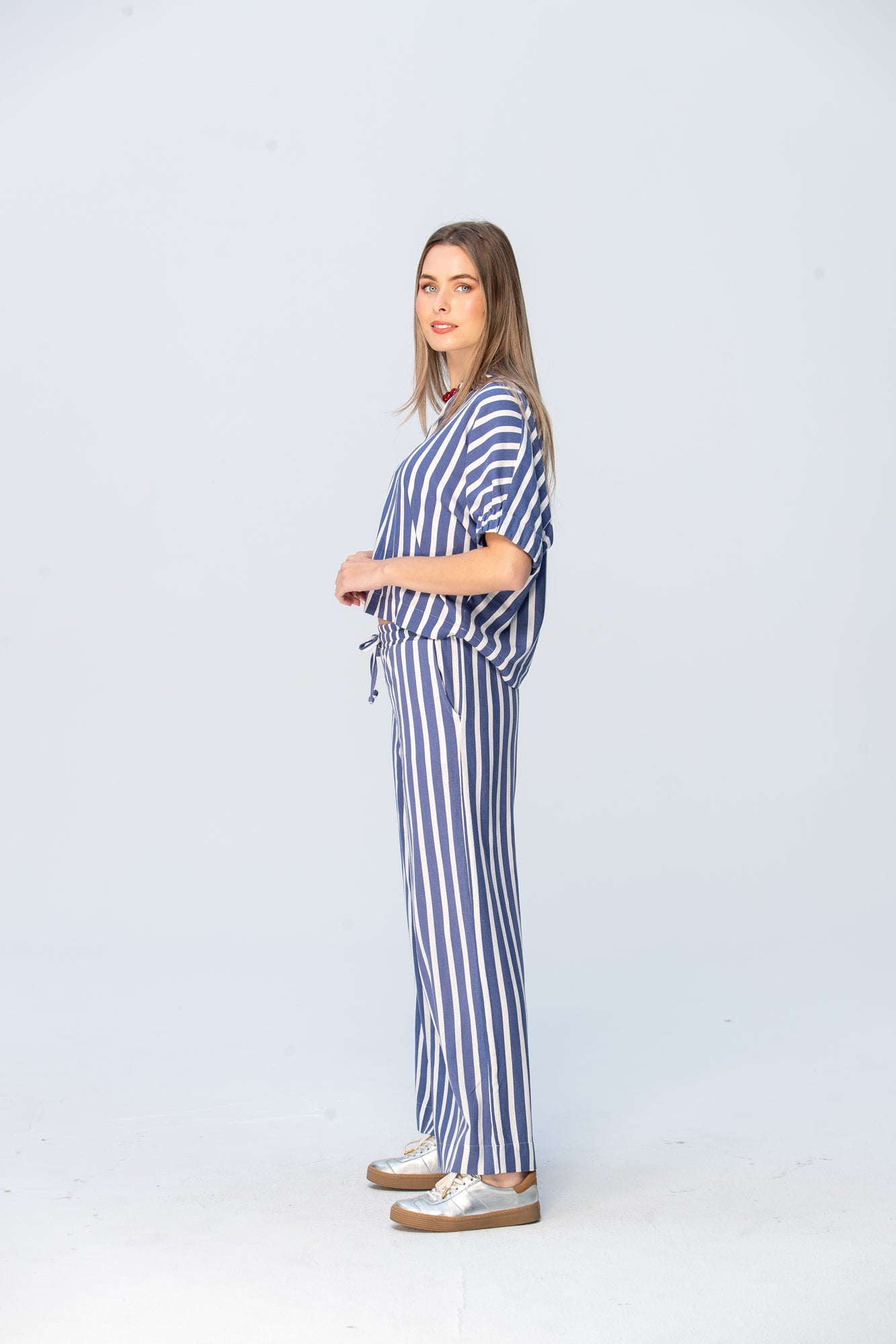 Sydney Wide Leg Pants - Blue and White Stripe
