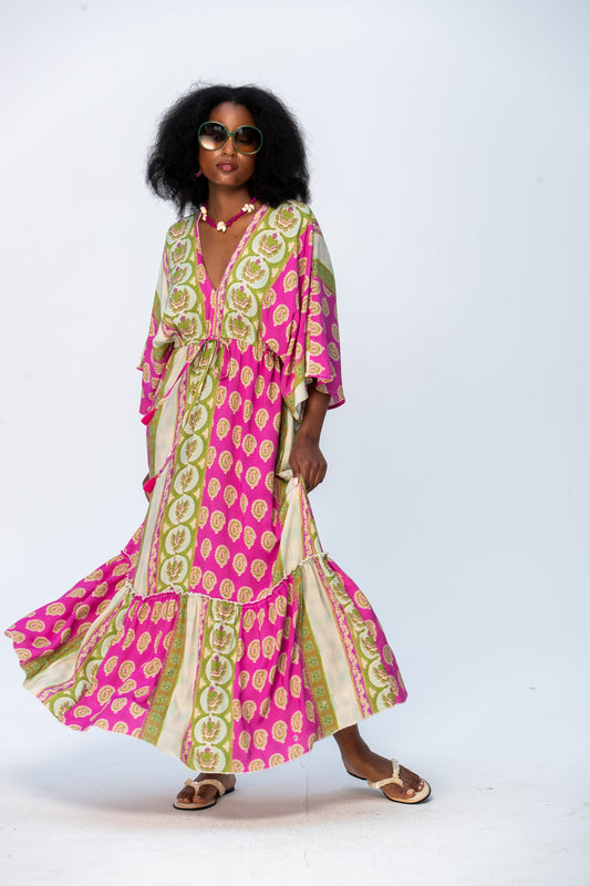 Georgia Kaftan Maxi Dress - Pink and Green
