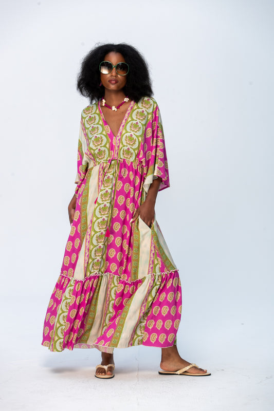 Georgia Kaftan Maxi Dress - Pink and Green