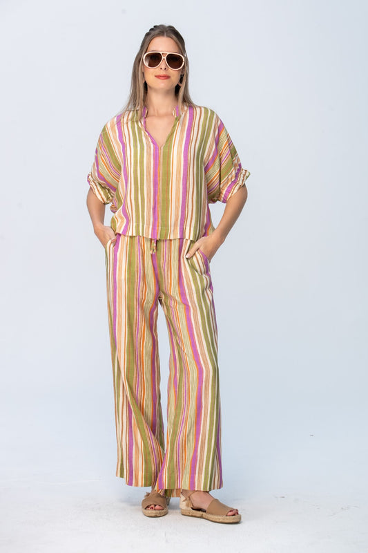Sydney Wide Leg Pants - Pink and Green Stripe