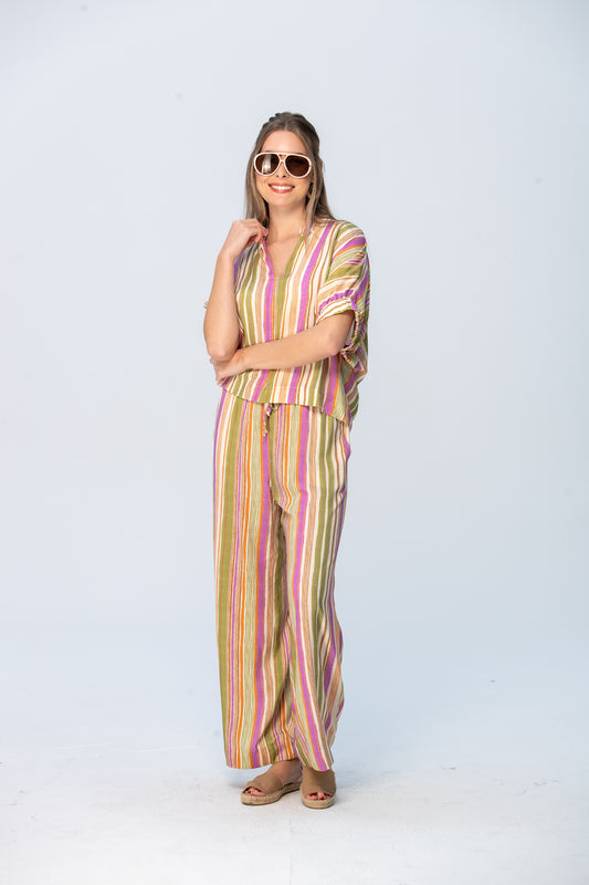 Sydney Wide Leg Pants - Pink and Green Stripe